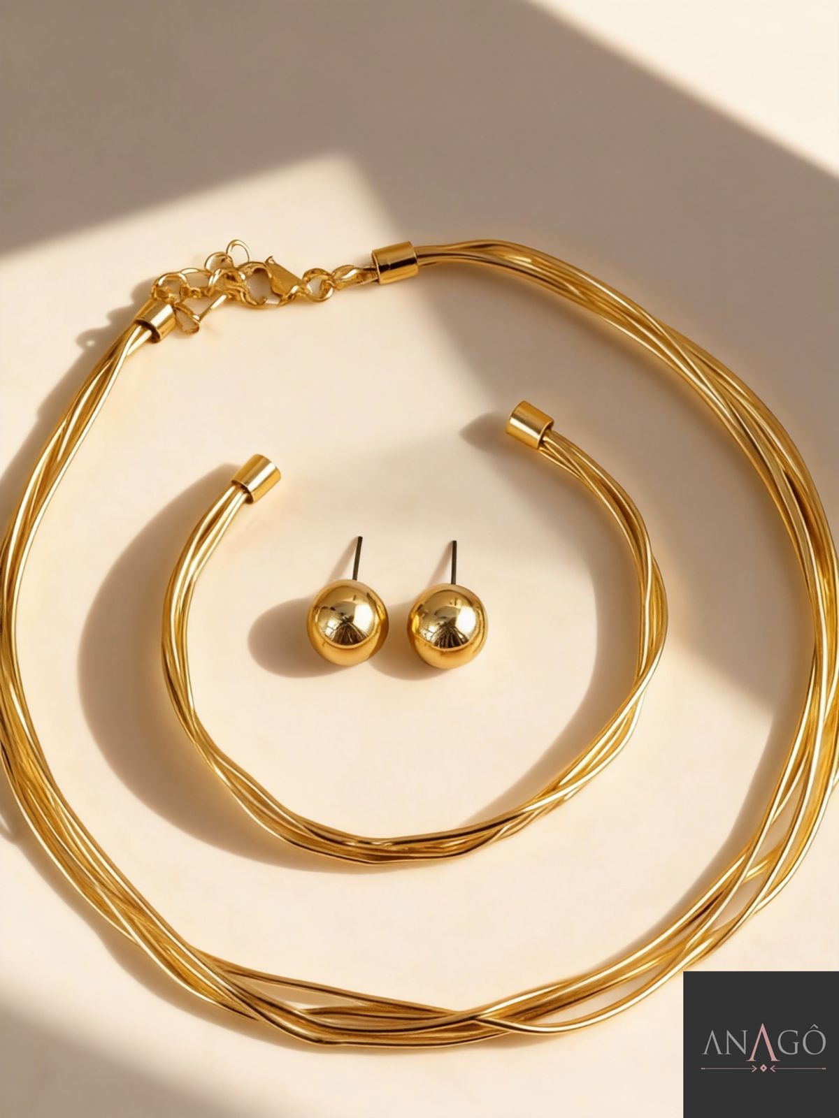 Trio colar e pulseira argola arame mais brinco de bolinha dourado